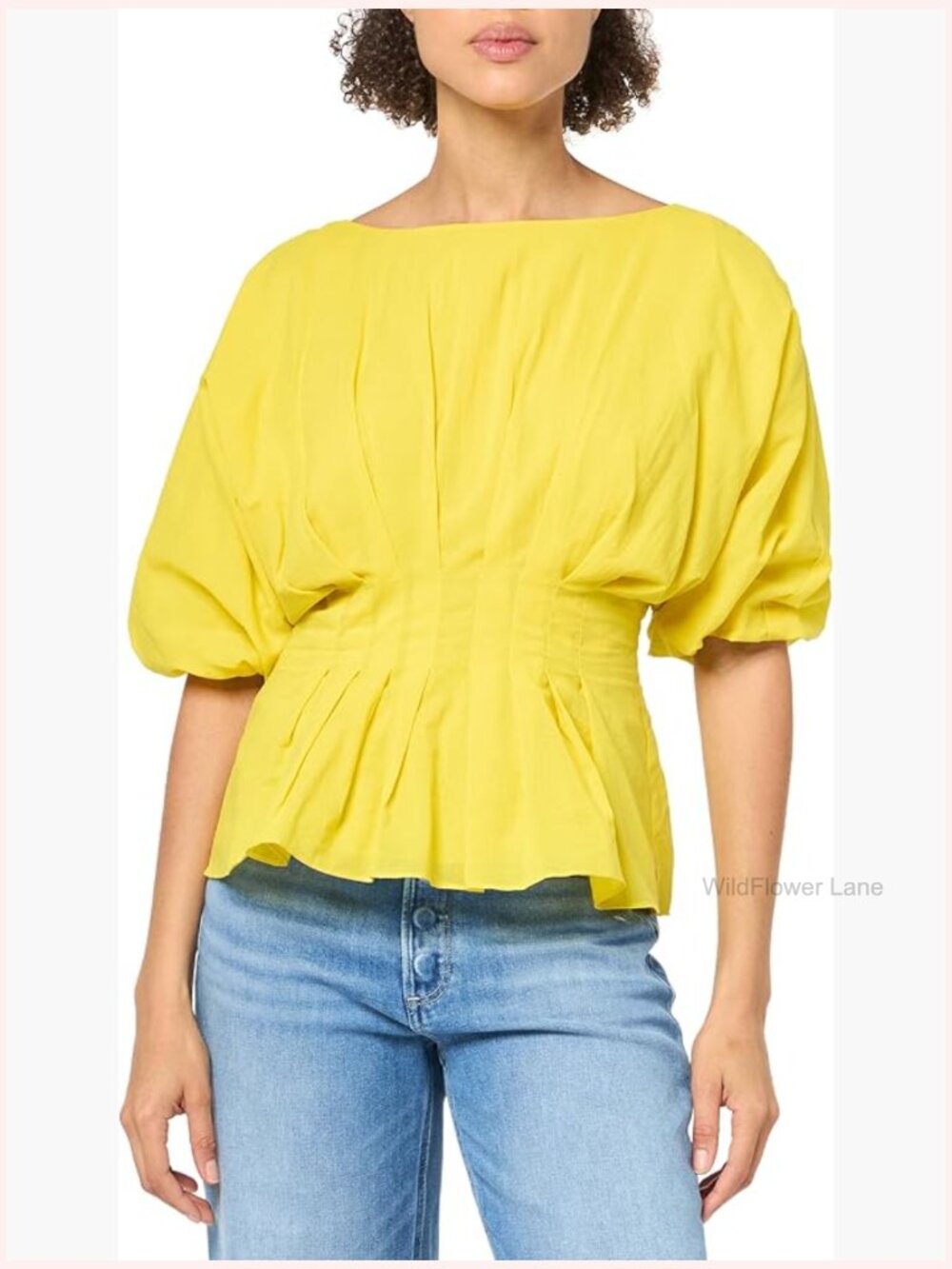 Crew Neck Blouse with Puff Sleeves and Pleated Bodice - Picture 1 of 3